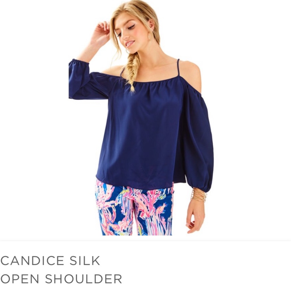 Navy silk open shoulder top with sleeves
